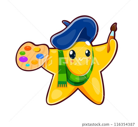 Cute kawaii artist star character with color palette. Isolated cartoon vector creative twinkle star personage dressed as a painter wearing blue beret, green scarf and holding paintbrush creates an art Cute kawaii artist star character with color palette. Isolated cartoon vector creative twinkle star personage dressed as a painter wearing blue beret, green scarf and holding paintbrush creates an art 116354387