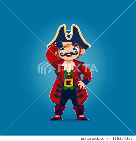 Cartoon boy kid pirate captain character. Isolated vector young sea rover decked in colorful freebooter costume with a traditional hat, playfully looking at distance. Children book or game, personage 116354392