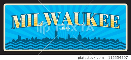 Milwaukee city in Wisconsin, United States of America territory. Vector travel plate, vintage tin sign, retro welcoming postcard design. Plaque with cityscape silhouette and river water 116354397