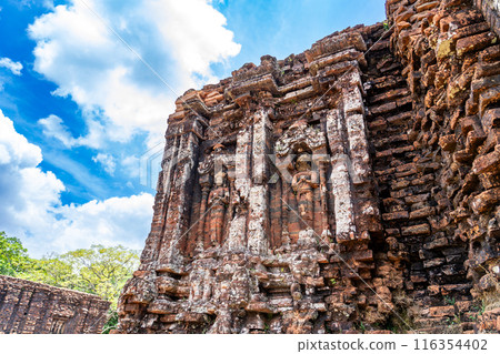 Vietnam: Religious reliefs at the My Son ruins, a sacred site of the Champa Kingdom dedicated to Hindu gods 116354402