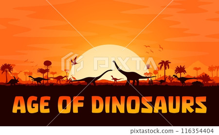 Prehistoric dinosaurs silhouettes on sunset background with trees, rocks and plants. Vector landscape with terrain dino species and flying pterosaur shadows in front of large sun in orange dusk sky 116354404