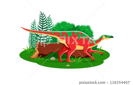 Anatotitan prehistoric dinosaur cartoon character. Isolated vector ancient herbivore reptile animal in natural landscape with plants and and tree log. Late cretaceous paleontology era wild lizard Anatotitan prehistoric dinosaur cartoon character. Isolated vector ancient herbivore reptile animal in natural landscape with plants and and tree log. Late cretaceous paleontology era wild lizard 116354407