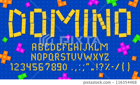 Brick block font, type. Kids typeface, playful and colorful domino abc script made of building constructor toy blocks. Vector alphabet letters, typographic symbols and numbers for kids education, game 116354408
