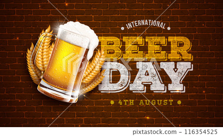 International Beer Day Design with Freshly Tapped Beer in the Mug and Barley Ears on Brick Wall Background. August 4 Vector Cheers Celebration Holiday Illustration with Typography Letter for Banner 116354525