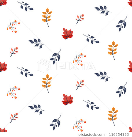 Botanical seamless pattern. Simple Plant. Simple autumn branches, plant. White background. Decorative ornament in Scandinavian style. Hand drown. Flat vector illustration 116354533