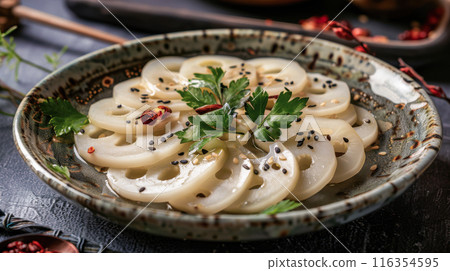 Lotus root salad garnished with sesame seeds and fresh herbs, a traditional and flavorful dish in Chinese cuisine. Lotus root salad garnished with sesame seeds and fresh herbs, a traditional and flavorful dish in Chinese cuisine. 116354595