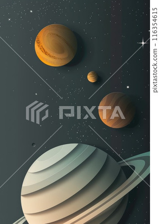 Cosmic artistry: 3d paper cut style poster of solar system planets on a black background, illustrating beauty of our celestial neighbors, creatively showcasing planets in a striking and modern design 116354615