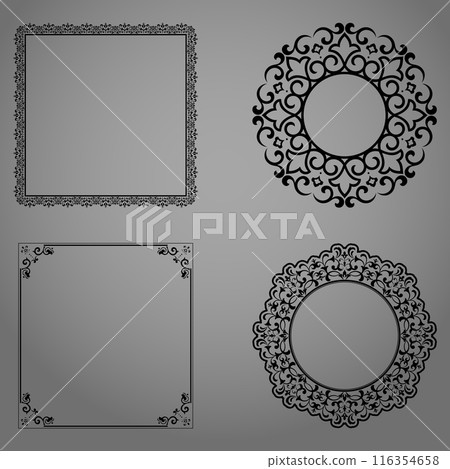 Set of decorative frames Elegant vector element for design in Eastern style, place for text. Floral black and gray borders. Lace illustration for invitations and greeting cards 116354658