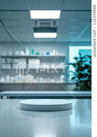 Pharmacology medicine stand mockup, empty podium on table with banner and copy space, showcasing pharmaceutical products, research, and innovation in the healthcare industry. Pharmacology medicine stand mockup, empty podium on table with banner and copy space, showcasing pharmaceutical products, research, and innovation in the healthcare industry. 116354666