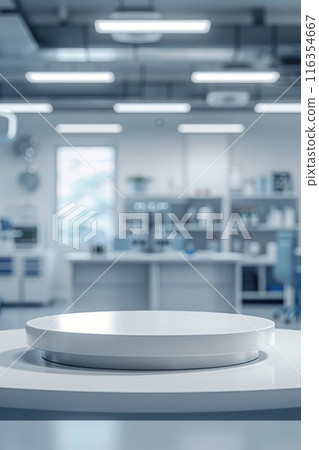 Pharmacology medicine stand mockup, empty podium on table with banner and copy space, showcasing pharmaceutical products, research, and innovation in the healthcare industry. 116354667