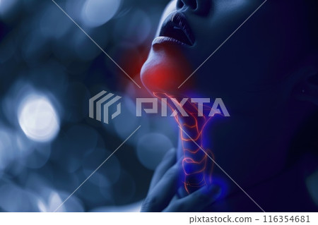 Person is experiencing a sore throat, depicting the discomfort and irritation of a throat ailment, medical attention for soothing relief and recovery, discomfort, colds disease virus bacteria Person is experiencing a sore throat, depicting the discomfort and irritation of a throat ailment, medical attention for soothing relief and recovery, discomfort, colds disease virus bacteria 116354681