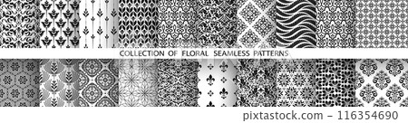 Geometric floral set of seamless patterns. White and black vector backgrounds. Damask graphic ornaments. 116354690