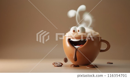 Perky coffee buddy: 3d cute cartoon happy coffee bean character with steam - adding charm to your day with a lovable animated coffee bean, exuding happiness and warmth from a full cup of joe. 116354701