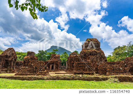 Vietnam: My Son ruins and the sacred mountain Mahaparvata, a sacred site of the Champa Kingdom that enshrines Hindu gods 116354740