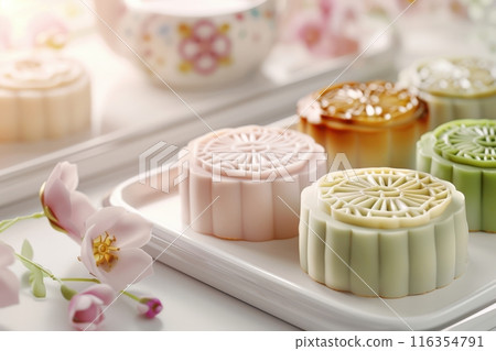 Assorted colorful mooncakes with floral decor, creating a festive and charming atmosphere for celebrations. 116354791