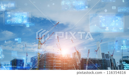 Construction site and digital technology: Horizontal visuals for banners and advertisements 116354816