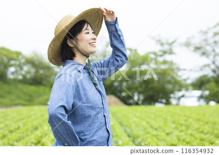 Farmer woman wearing a straw hat Farmer woman wearing a straw hat 116354932
