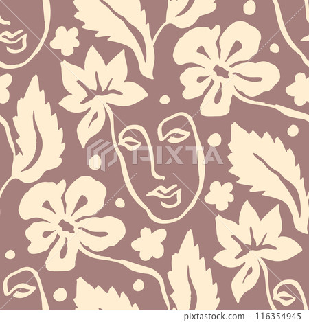 Brush strokes ink wash flowers and female faces neutral seamless pattern 116354945