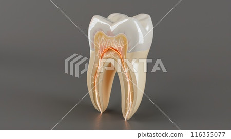 Dental development: tooth structure, nerve, a visible cartilaginous stage, stages of tooth growth, from cartilage to fully developed nerve integration, intricate process of oral anatomical evolution. 116355077
