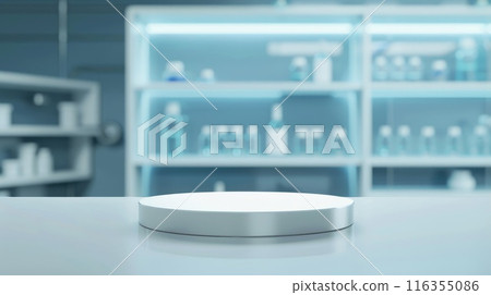 Pharmacology medicine stand mockup, empty podium on table with banner and copy space, showcasing pharmaceutical products, research, and innovation in the healthcare industry. 116355086