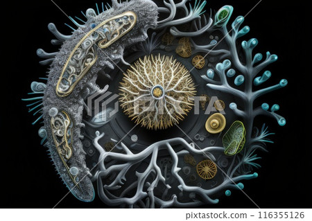 In the microscopic realm, a vibrant microbe dances, form intricate surreal. A symphony of colors shapes, it embodies unseen beauty of microbial world, a tiny marvel thriving in unseen corners of life. In the microscopic realm, a vibrant microbe dances, form intricate surreal. A symphony of colors shapes, it embodies unseen beauty of microbial world, a tiny marvel thriving in unseen corners of life. 116355126