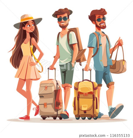 Whimsical wanderlust: amusing cartoons showcase tourists with suitcases, embarking on vibrant vacation escapades filled with fun, discovery, and adventure, exploring the world's wonders. 116355133