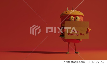 Whimsical plea: cartoon characters, fast food holding a sign 'Stop Eating Us.' A playful take on the concept of proper nutrition and the pursuit of a healthier lifestyle. 116355152