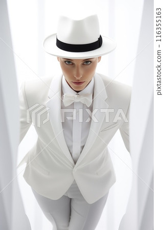 Elegance beautiful woman in business suit, tuxedo for wedding, blending professionalism with timeless bridal chic, embodying grace, style, sophistication for stunning celebration or meeting 116355163