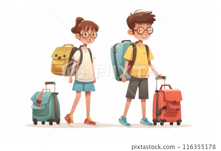 Charming travel tales: captivating cartoon illustrations depict tourists with suitcases as they embark on exciting vacations, experiencing new cultures, sights, and unforgettable moments. 116355178