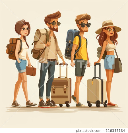 Whimsical wanderlust: amusing cartoons showcase tourists with suitcases, embarking on vibrant vacation escapades filled with fun, discovery, and adventure, exploring the world's wonders. Whimsical wanderlust: amusing cartoons showcase tourists with suitcases, embarking on vibrant vacation escapades filled with fun, discovery, and adventure, exploring the world's wonders. 116355184