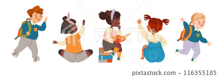 Boy and Girl First Grader with Backpack Cheering and Having Fun Vector Illustration Set Boy and Girl First Grader with Backpack Cheering and Having Fun Vector Illustration Set 116355185