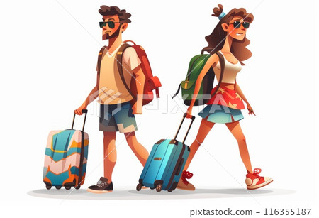 Charming travel tales: captivating cartoon illustrations depict tourists with suitcases as they embark on exciting vacations, experiencing new cultures, sights, and unforgettable moments. Charming travel tales: captivating cartoon illustrations depict tourists with suitcases as they embark on exciting vacations, experiencing new cultures, sights, and unforgettable moments. 116355187
