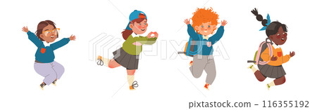 Boy and Girl First Grader with Backpack Cheering and Having Fun Vector Illustration Set Boy and Girl First Grader with Backpack Cheering and Having Fun Vector Illustration Set 116355192