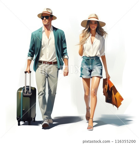 Whimsical wanderlust: amusing cartoons showcase tourists with suitcases, embarking on vibrant vacation escapades filled with fun, discovery, and adventure, exploring the world's wonders. 116355200