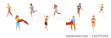 People Character Participating in Marathon Running in Sportswear with Numbers Vector Illustration Set 116355205