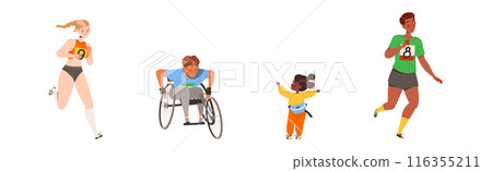 People Character Participating in Marathon Running in Sportswear with Numbers Vector Illustration Set People Character Participating in Marathon Running in Sportswear with Numbers Vector Illustration Set 116355211