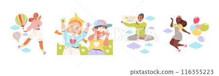 Happy People Characters Sharing Positive Vibes Smiling and Cheering Expressing Good Emotion Vector Set Happy People Characters Sharing Positive Vibes Smiling and Cheering Expressing Good Emotion Vector Set 116355223