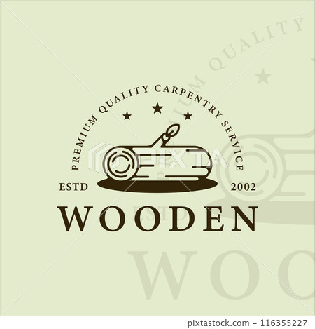 wooden carpentry logo line art vintage vector illustration template icon graphic design. carpenter or woodworker sign and symbol for professional business with typography style 116355227