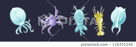 Plankton Diverse Water Organism Free Floating on Dark Background Vector Set Plankton Diverse Water Organism Free Floating on Dark Background Vector Set 116355248