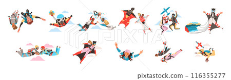 People Character Skydiving Falling Down with Parachute and in Wingsuit Vector Set People Character Skydiving Falling Down with Parachute and in Wingsuit Vector Set 116355277