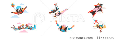 People Character Skydiving Falling Down with Parachute and in Wingsuit Vector Set 116355289