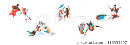 People Character Skydiving Falling Down with Parachute and in Wingsuit Vector Set 116355297