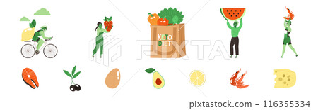 Ketogenic Diet with Male and Female Characters with Balanced Low-carb Food and Vegetables Vector Illustration Set 116355334
