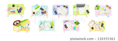 Writing Letter with Photo and Fill Paper Document with Human Hands Above View Vector Set 116355361