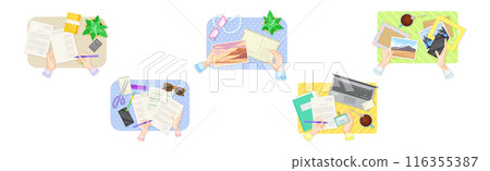 Writing Letter with Photo and Fill Paper Document with Human Hands Above View Vector Set Writing Letter with Photo and Fill Paper Document with Human Hands Above View Vector Set 116355387