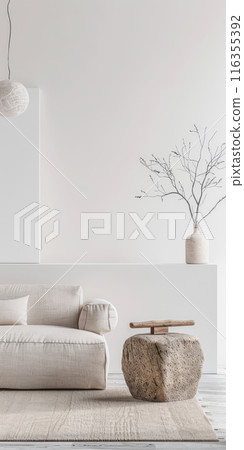 Minimalist interiors design composition with minimal furniture, window lighting and copy space. Residential realty luxurious property in neutral colors. 116355392