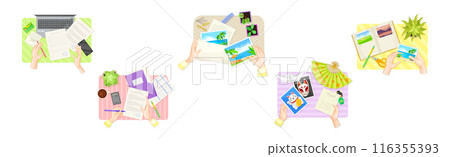 Writing Letter with Photo and Fill Paper Document with Human Hands Above View Vector Set Writing Letter with Photo and Fill Paper Document with Human Hands Above View Vector Set 116355393