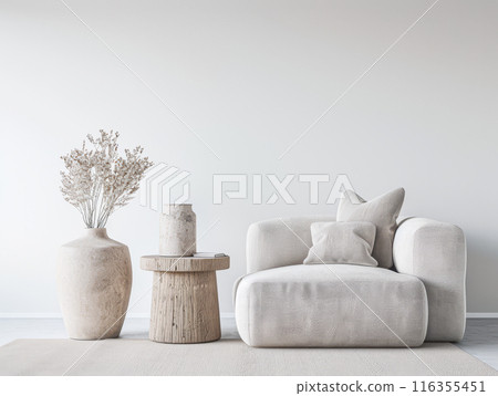 Minimalist interiors design composition with minimal furniture, window lighting and copy space. Residential realty luxurious property in neutral colors. 116355451