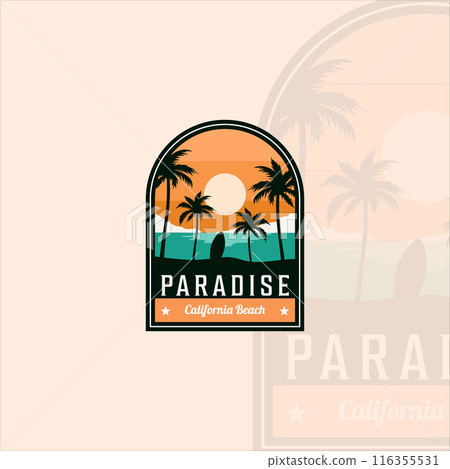 beach or paradise emblem logo modern vintage vector illustration template icon graphic design. palm or coconut tree at the outdoors with surfboard sign or symbol for travel adventure beach or paradise emblem logo modern vintage vector illustration template icon graphic design. palm or coconut tree at the outdoors with surfboard sign or symbol for travel adventure 116355531