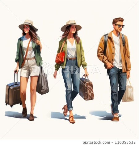 Whimsical wanderlust: amusing cartoons showcase tourists with suitcases, embarking on vibrant vacation escapades filled with fun, discovery, and adventure, exploring the world's wonders. 116355532